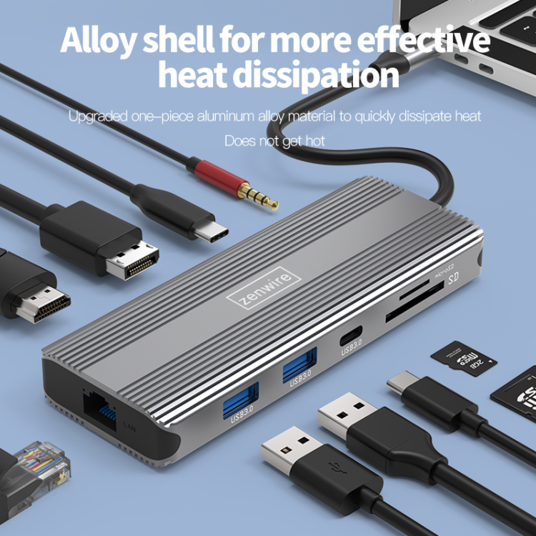 HUB USB-C 10w1 Display Port 1.4 HDMI 2.1 8K 4K 120Hz 60Hz Full HD 144Hz USB 3.0 SD Power Delivery 100W Macbook M1 M2 M3 M4 Zenwire - zdjęcie 6