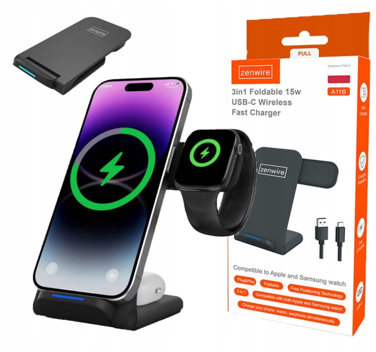 Ładowarka Indukcyjna Bezprzewodowa 3w1 USB-C Telefonu iPhone Samsung Watch QI 15W Zenwire A11B - zdjęcie 1