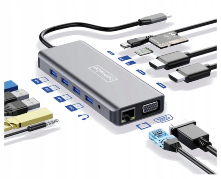 ADAPTER HUB 12w1 USB-C 2x HDMI VGA USB 3.0 Gigabit Ethernet RJ-45 mini Jack SD LAN Zenwire - zdjęcie 1