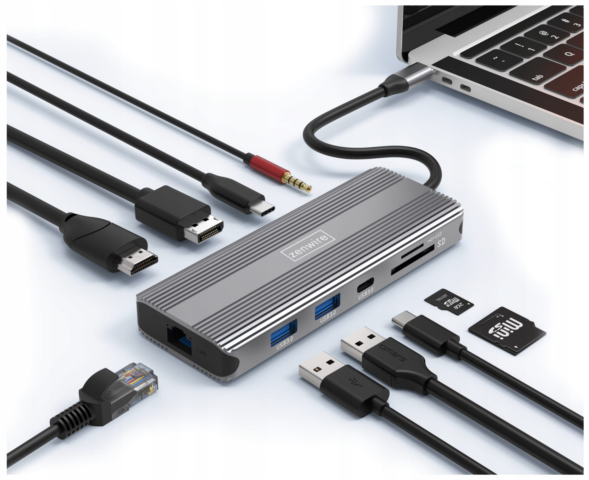 HUB USB-C 10w1 Display Port 1.4 HDMI 2.1 8K 4K 120Hz 60Hz Full HD 144Hz USB 3.0 SD Power Delivery 100W Macbook M1 M2 M3 M4 Zenwire - zdjęcie 1